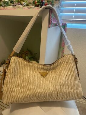 Designers Inspired Beige Woven Shoulder Bag with Gold Accent